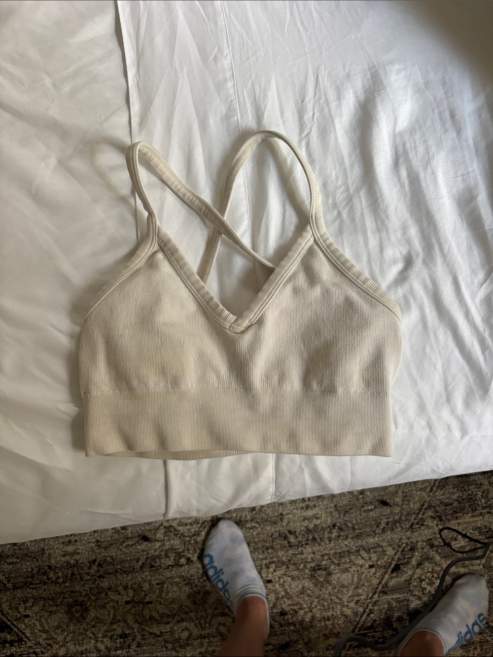 ALO Yoga Cream Ribbed Cross-Back Bralette